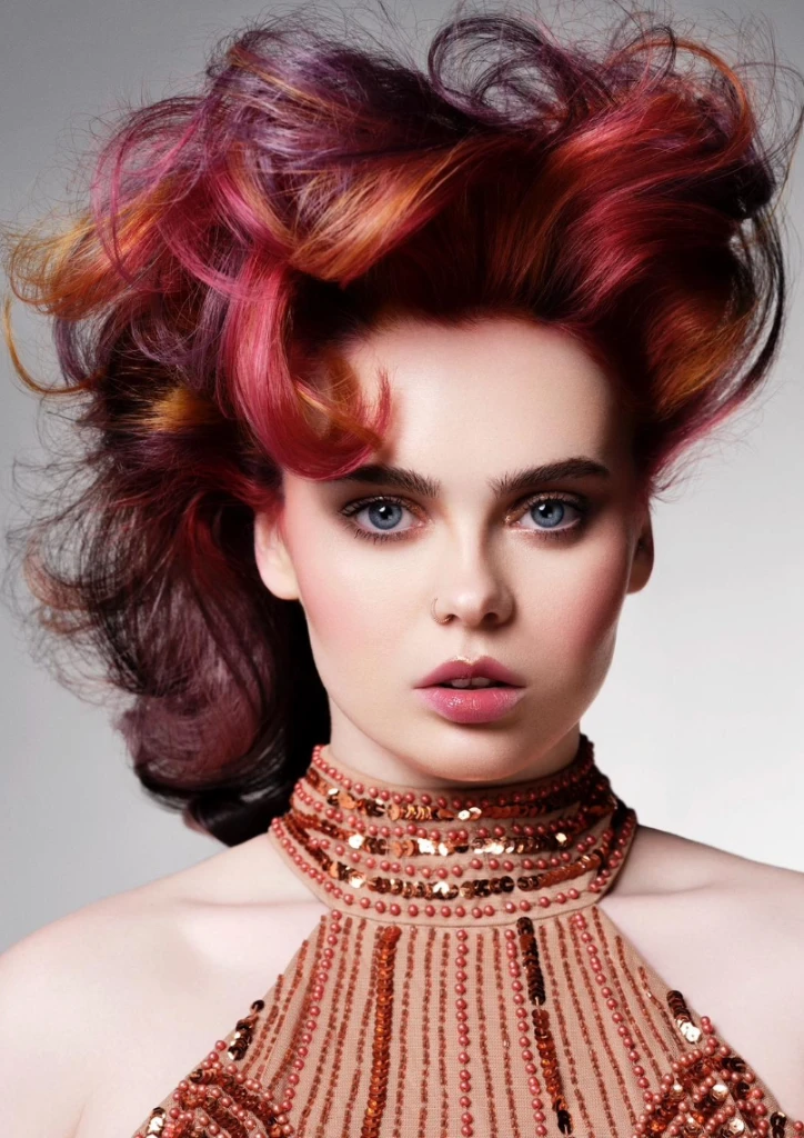 Red, purple and copper creative colour on brushed out waves